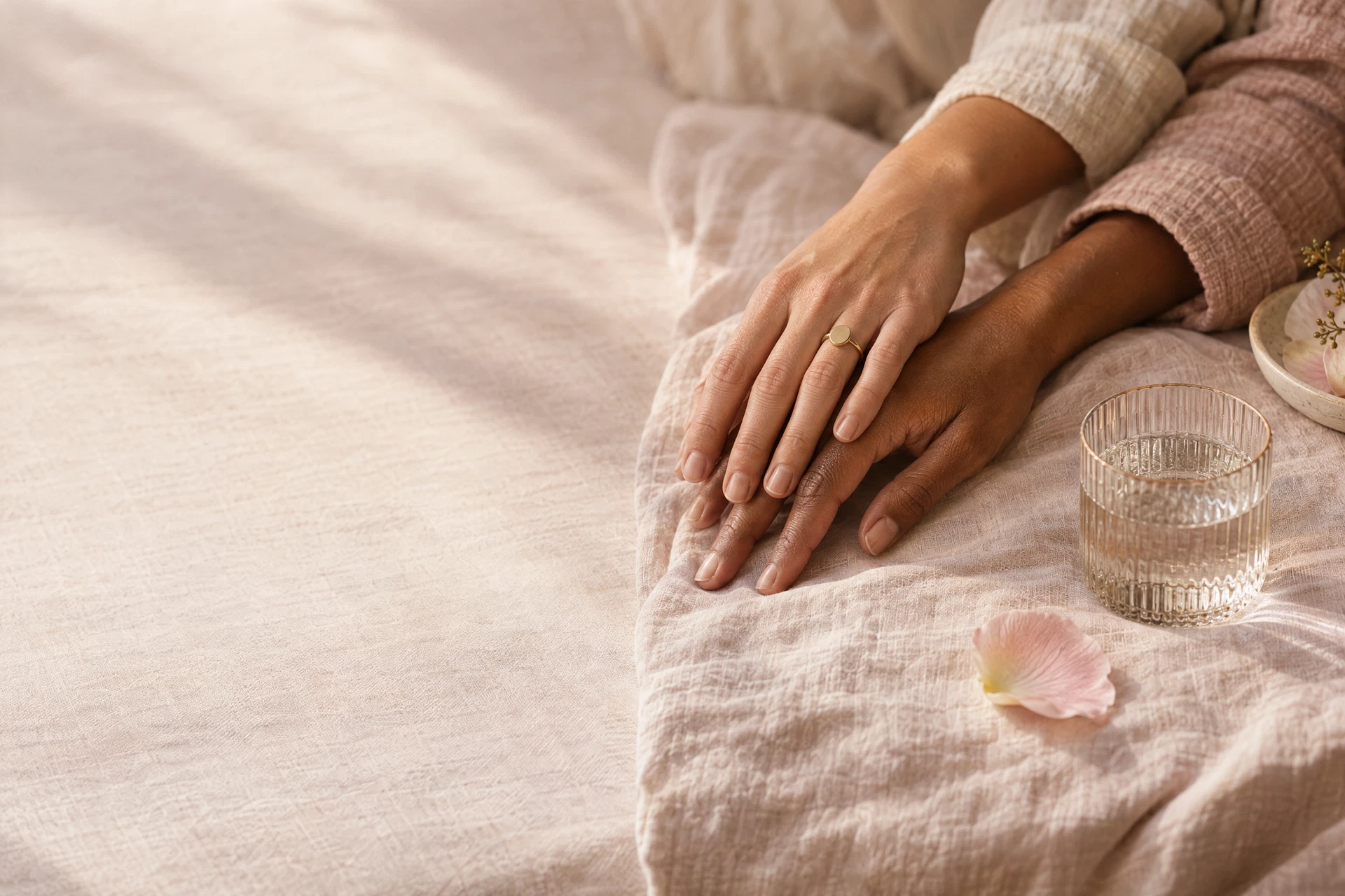 Hands resting on linen beside water and a flower petal